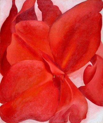 Painting by Georgia O'Keefe showing red petals very close up.