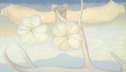 A painting of flowers, antlers and bones, done in soft shades of cream, white and blue, by Georgia O'Keefe.