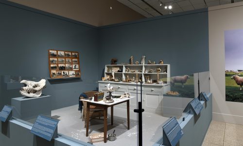 A recreation of Henry Moore's studio, with an elephant skull on a plinth, and a small desk and sideboard displaying numerous small sculptures and found objects such as bones and stones.