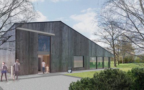 Architectural concept showing the exterior of a gallery building, panelled in wood with large glass windows.