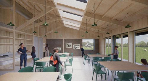 Architectural concept of a bright and airy workshop space, with several classroom-style tables.