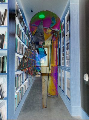 A negative image of the Henry Moore Institute library, overlaid with colourful collage images.