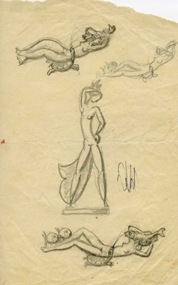 Sheet of cream paper with four pencil sketches of mermaids for a fountain by Arthur Fleishmann.